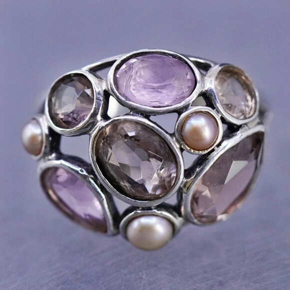 RETIRED Silpada Sweet Embrace Ring-925 Stamped-Faceted Glass & Pearls - Size 10 - Picture 1 of 9